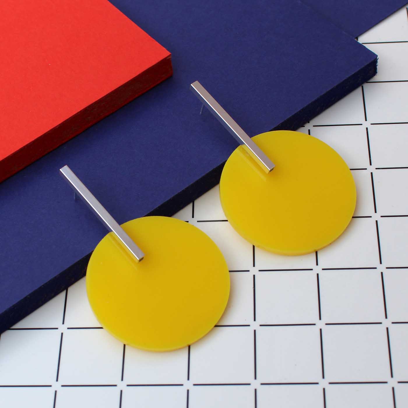 Circle Earrings in Silver with Yellow Acrylic